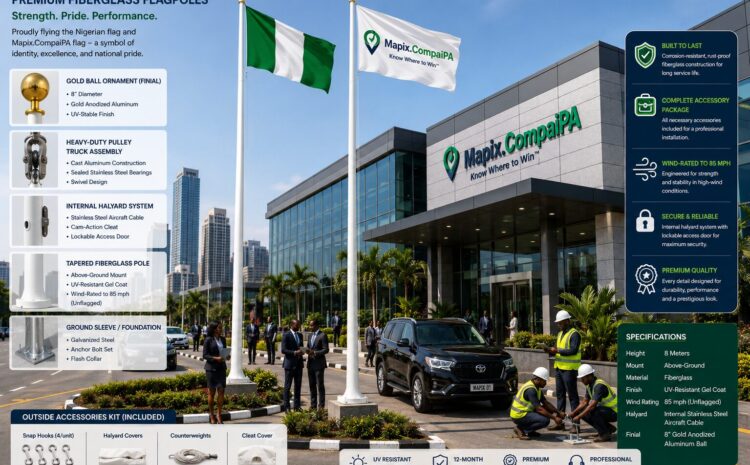 VistaAds CompaiPA, Fiberglass flagpole displaying a Nigeria and a corporate flags in front of a client office.